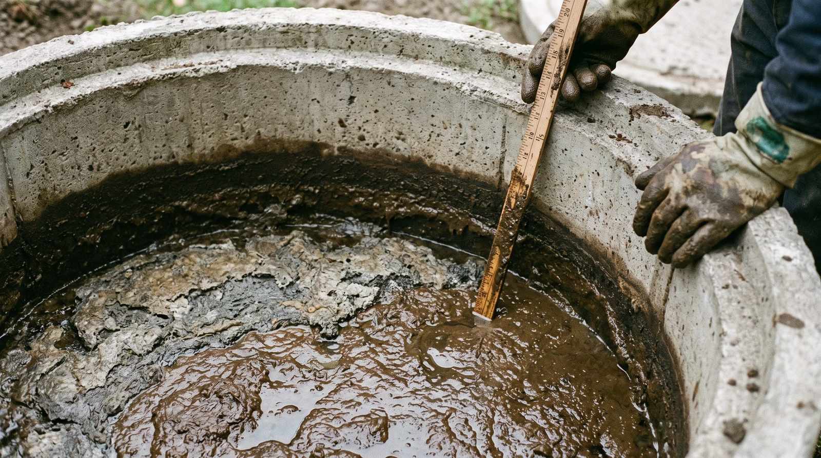 Sludge and scum layers measured inside an open septic tank before cleaning
