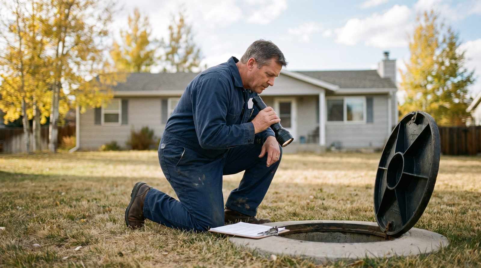 Inspector shining a flashlight into an open septic tank at a Colorado home