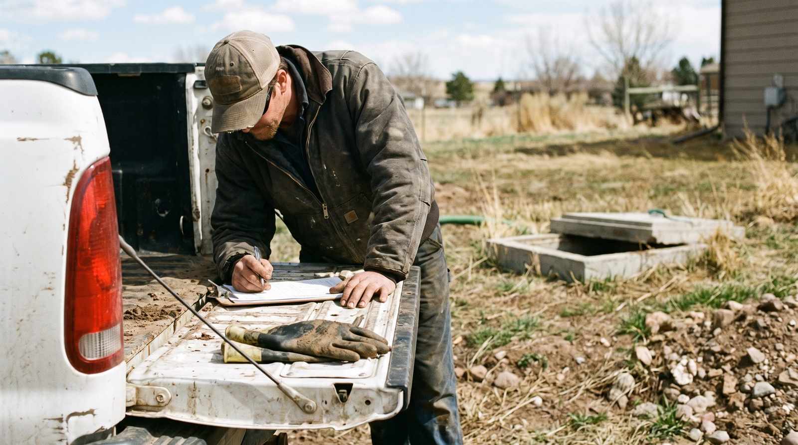 Septic inspector writing findings on a clipboard beside the service truck