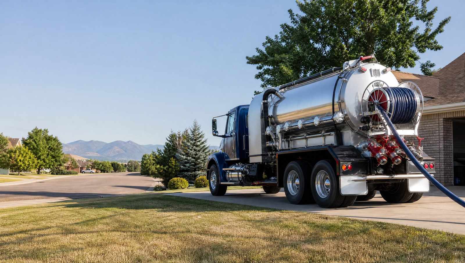 Vacuum tanker truck on a Denver area driveway with the suction hose run out across the lawn
