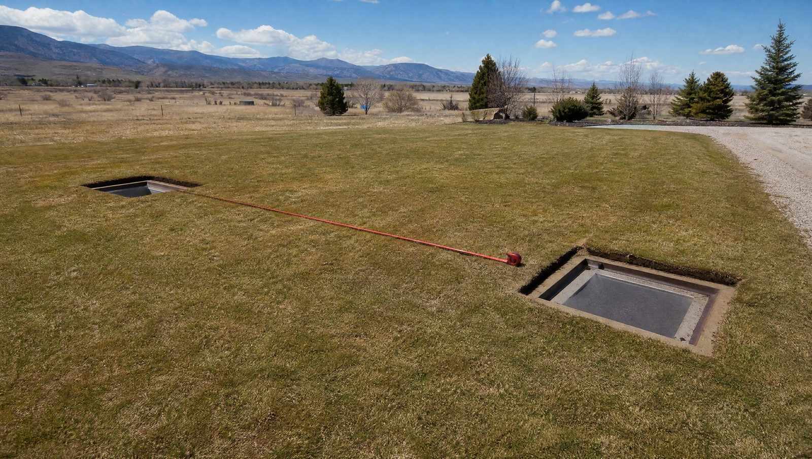 Tape measure stretched between two exposed septic tank access lids to show the tank footprint