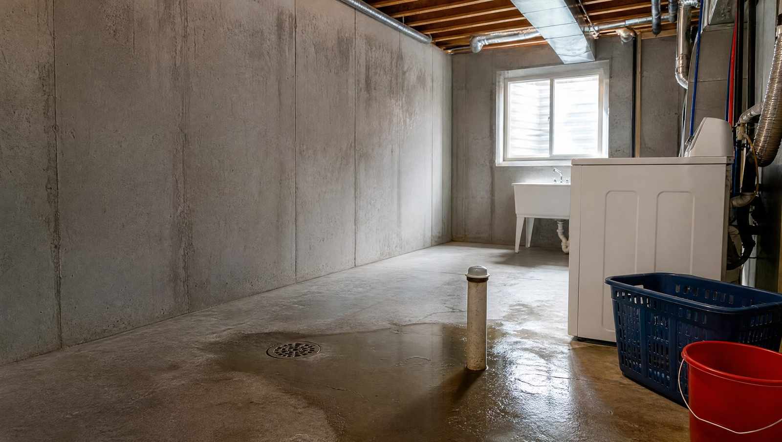Water backed up in a basement laundry standpipe and pooling across the concrete floor