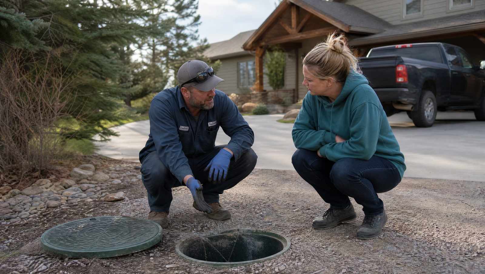 Septic technician explaining a tank inspection to a homeowner in a Colorado driveway