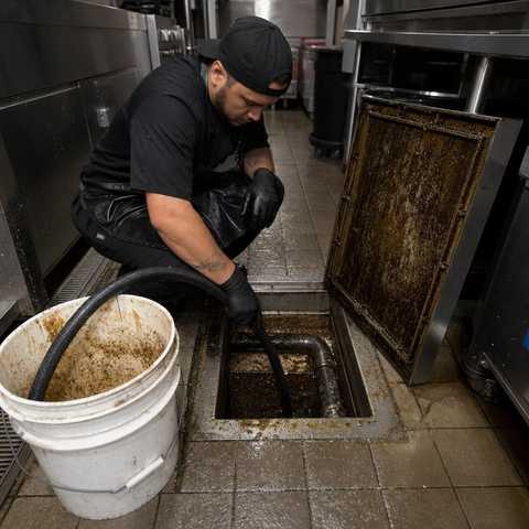 Worker cleaning a grease trap in a Denver commercial restaurant kitchen