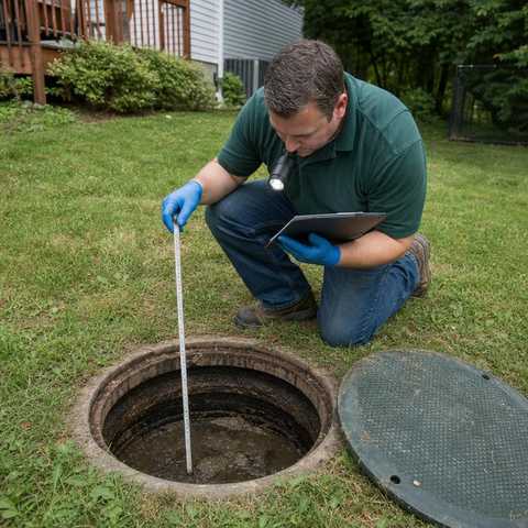 Inspector measuring sludge depth in a septic tank at a Colorado home