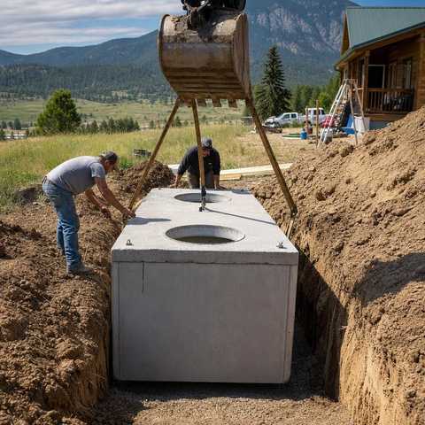 New concrete septic tank being set into a trench at a Front Range property