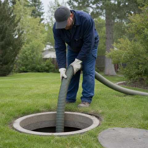 Septic technician guiding a vacuum hose into an open septic tank lid in a Denver yard