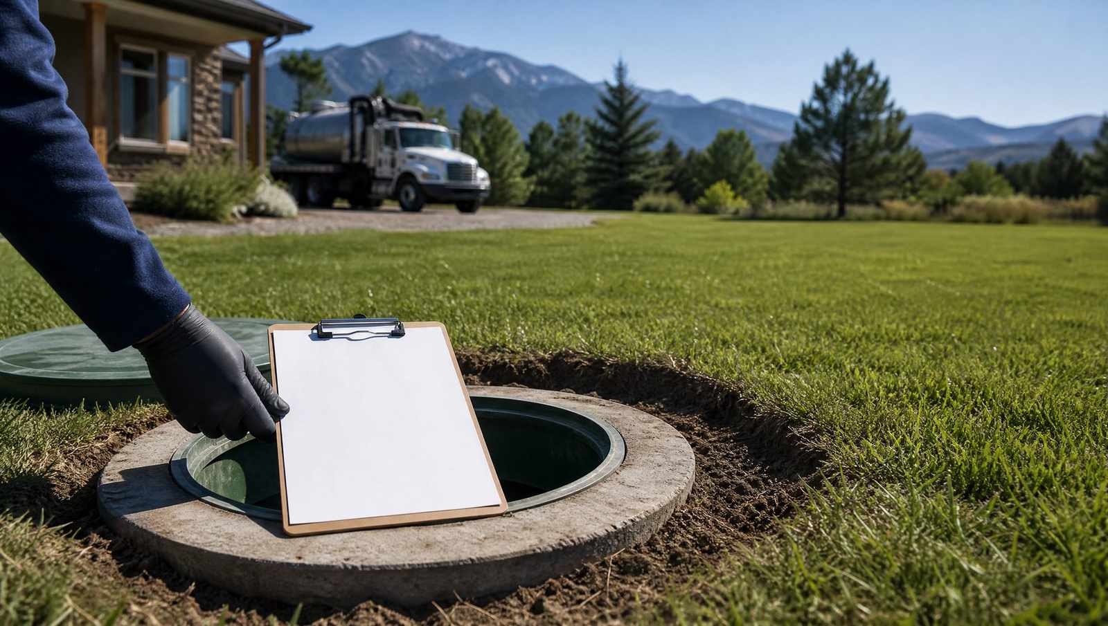 Inspector clipboard resting on the rim of an open septic riser during a home sale inspection