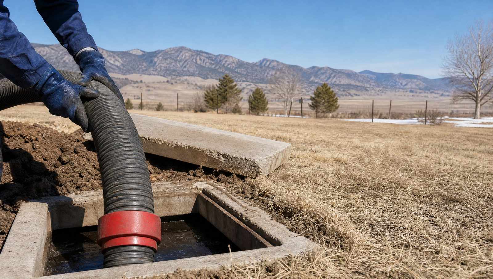 Vacuum hose lowered into the open access of a residential concrete septic tank