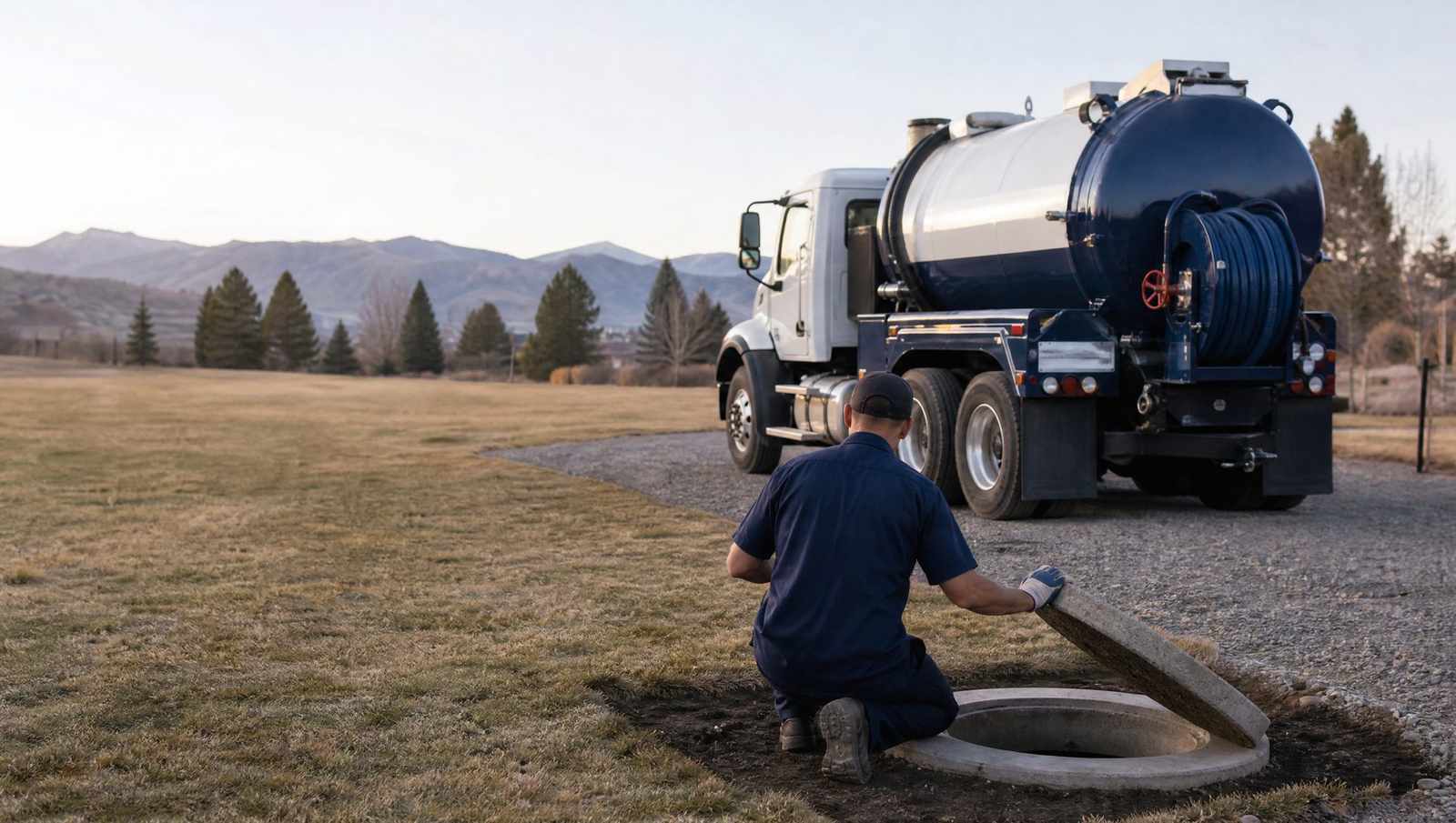 Technician crouched at an opened septic tank access with the pump truck waiting on the gravel drive