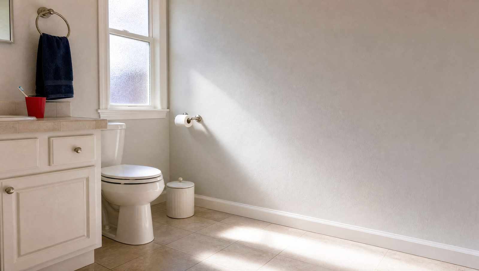 Toilet and a lidded wastebasket in the bathroom of a Colorado home served by a septic system